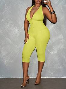 Slaydiva Spring/Summer New Avocado Green Sleeveless Halter Tie-Knot Deep V-Neck Partial Cutout Design High Stretch Ribbed Knit Fabric Plus Size Women Jumpsuit - Yellow - View 4