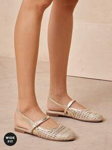 SHUZIA Ladies Wide Fit Crochet Woven PU Slingback Mules - Gold - View 2