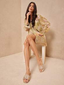 SHUZIA Sandal đế bằng bằng da giả đan móc thoải mái, kiểu dáng thường ngày dành cho nữ. - Vàng - Xem 3