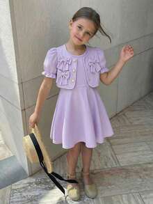 Young Girl Puff Sleeve Jacket With 3D Bow Decor, Paired With Sleeveless Dress, Elegant For Daily, Work, Party - Mauve Purple - View 5