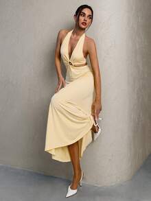 SHEIN Glamour Seductive Pale Yellow Summer Vacation Holiday Maxi Dress,Deep V-Neck Halter Cut Out Knit Wrap Dress,Metal Ring Ruched Resort Wear Elegant Party Dress - Pale Yellow - View 7