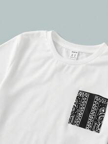 SHEIN Tween Boy Casual Loose Fit White Crew Neck T-Shirt And Black Cashew Flower Shorts Set, Suitable For School, Daily Casual Wear, Sports, Spring/Summer - Black and White - View 6
