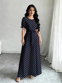 Modelyn 加大码藏蓝色波点印花长款连衣裙，女士时尚圆领短泡泡袖设计，配腰带，优雅夏季长款连衣裙 - 彩色 - 查看 4