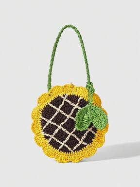 ROMWE Kawaii A Sunflower Straw Bag Shoulder Bag Handbag, Suitable For Spring And Summer Vacation Camping Beach Use