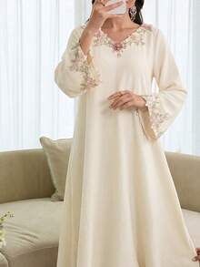 Yasmyna Women Summer Al-Adha Cream 3D Floral Embroidered Maxi Dress,Elegant V-Neck Long Sleeve Arabic Abaya,Modest Flowy A-Line Spring Wedding Guest Gown - Apricot - View 4