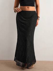Plus Size Solid Color Lace Fitted Long Skirt, Summer Sexy Party  Holiday Outfits Beach Dress Boho Style Hippie Black - Black - View 8