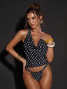 SHEIN X YERIMUA SHEIN BAE Bộ bikini hai mảnh họa tiết chấm bi dành cho nữ, thích hợp cho kỳ nghỉ hè trên bãi biển. - Đen và trắng - Xem 4