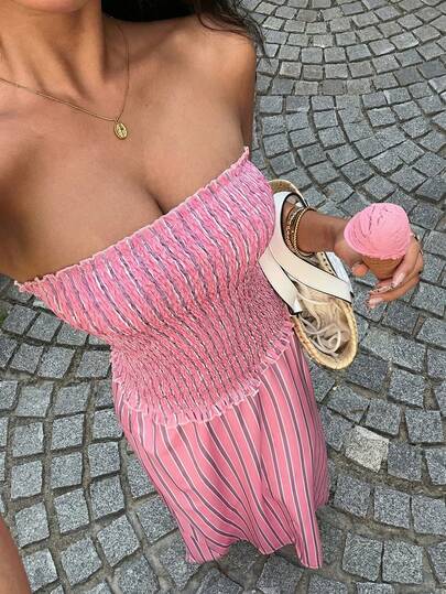 Sunnyshic Đầm nữ kẻ sọc, thắt eo, kiểu dáng tối giản, thích hợp cho kỳ nghỉ.