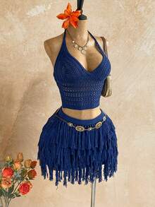 Soleia Bộ đồ 2 mảnh dành cho nữ gồm áo crop top cổ chữ V buộc dây sau lưng và chân váy ngắn tua rua, thích hợp cho tiệc tùng, Giáng sinh, hẹn hò, hộp đêm, phong cách Bohemian, Boho, kỳ nghỉ, mùa thu. - Màu xanh hải quân - Xem 4