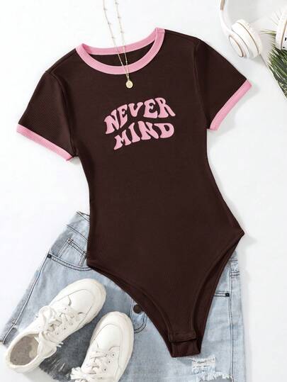 SHEIN EZwear Plus Size Women Slogan Print Round Neck Short Sleeve Casual Bodysuit