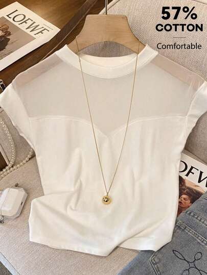 Franclia Áo thun ngắn tay phối lưới xuyên thấu gợi cảm kiểu Pháp dành cho nữ, thích hợp cho mùa hè.