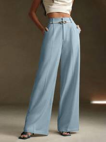 Petite Pantalones de traje blancos de primavera, pantalones de traje con decoración de cinturón metálico de unicolor moderno y urbano - Celeste - Ver 7