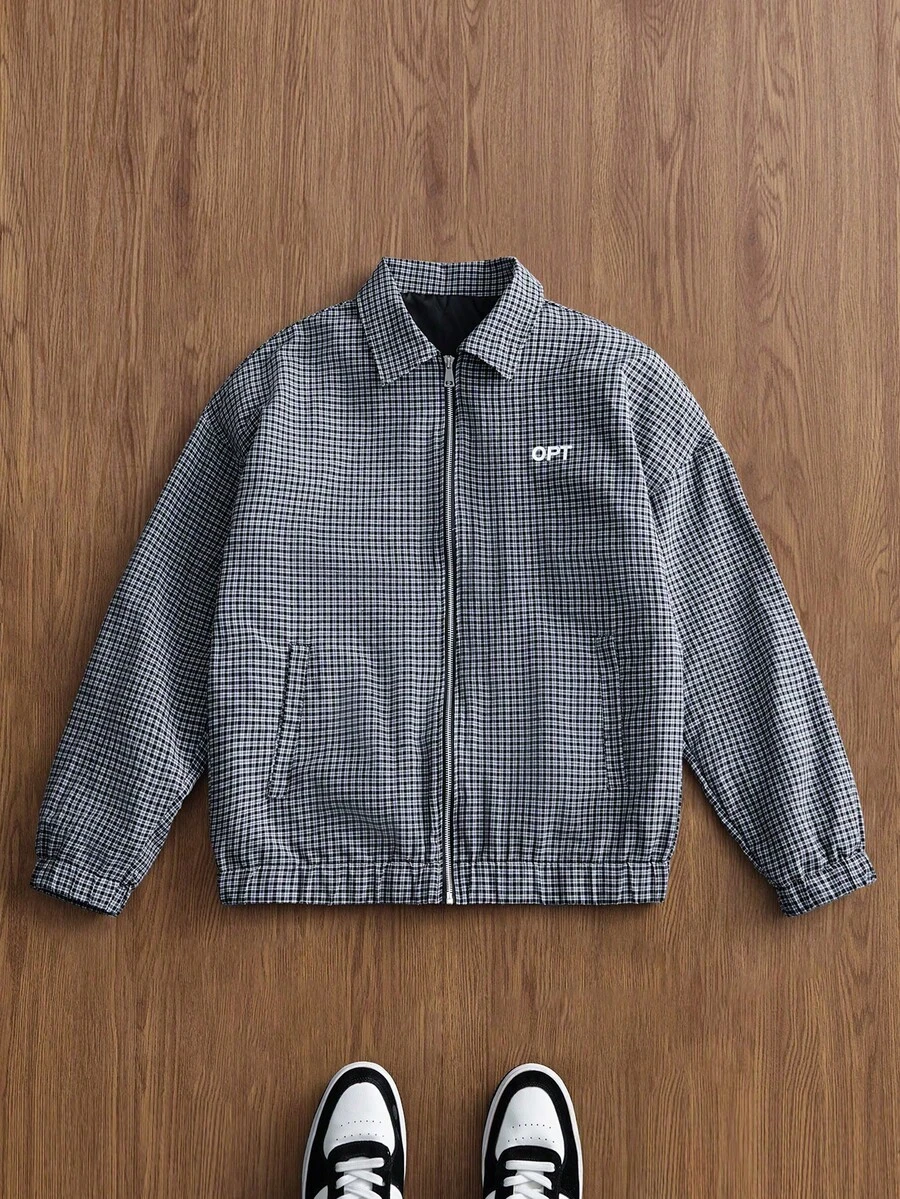 TOKVUE 男士休闲夹克，INS街头风格子拉链宽松外套，四季皆宜，适合音乐节和日常穿着，送给男友/老公的礼物，Y2K风格 - 黑色 - 查看 1