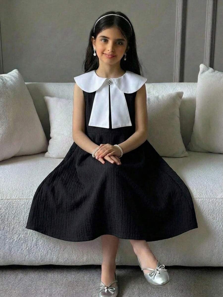 Firerie Kids Tween Girls Cute Elegant Crew Neck Rhinestone Bowknot Sleeveless A-Line Dress, Suitable For Daily, Party, Commute - Multicolor - View 1