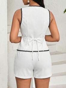 SHEIN Lady Bộ áo vest và quần short nữ kiểu dáng gợn sóng với dây ruy băng. - Đen và trắng - Xem 2