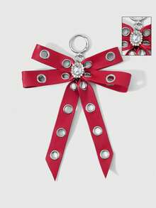 ROMWE 2款多规格Y2K复古朋克个性化甜美酷炫宝贝时尚红色皮革金属透气眼孔双层蝴蝶结亮方形水钻装饰拼接十字DIY钥匙扣配件包包挂件，组合套装，适合姐妹、女友、女孩和女性日常佩戴，节日礼物 - 紅色-26 - 查看 6