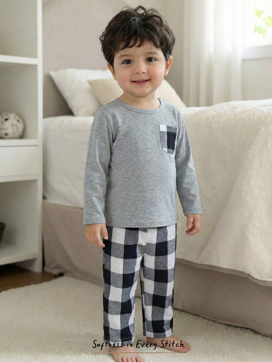 Cozy Pixies 2pcs Baby Boy Colorful Plaid Decor Pocket Round Neck Long Sleeve Pullover Top And Elastic Waist Pants Set - Multicolor - View 1