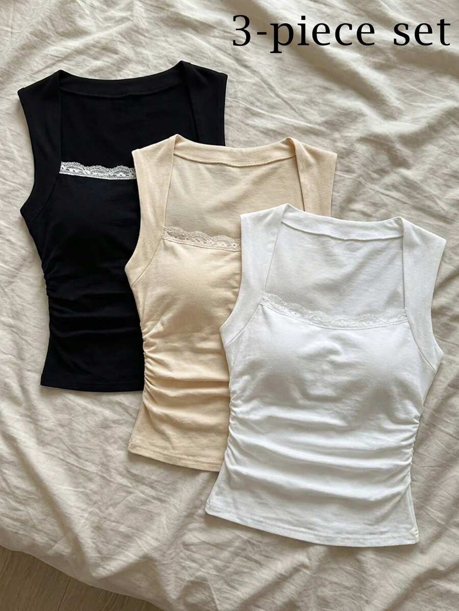 Comfortcana Bộ 3 áo hai dây nữ kiểu dáng thường ngày, đa năng, viền ren, chất liệu 95% cotton, ôm sát eo, không tay, thích hợp cho mùa xuân và mùa hè. - Nhiều màu - Xem 1