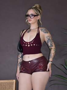 Arliah Áo ba lỗ hở lưng cổ yếm cắt cúp phong cách Punk dành cho nữ - Đỏ - Xem 5