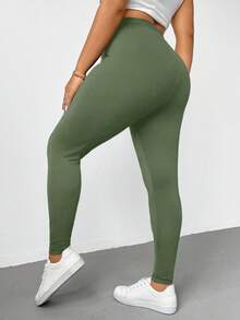 SHEIN Essnce Plus Size Women's 2 Pieces Of Dark Green Leggings With Pockets,Yoga Fitness Pants,Comfort Capri Joggers Gym,Gothic Sommar Lounge Sets,Casual Elegant - Multicolor - View 3