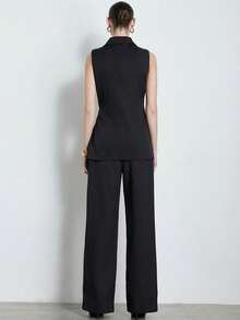 Nuevo conjunto elegante y de moda para mujer con chaleco con cinturón y hebilla asimétrica, y pantalones rectos - Negro - Ver 2