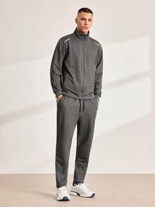 Driftmere 2pcs/Set Men Sports Casual Zipper Stand Collar Jacket & Pants, Suitable For Autumn Daily Wear Gym - Dark Grey - View 1