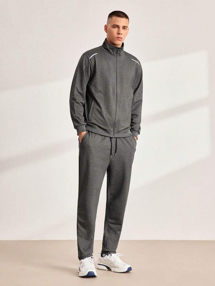 Driftmere 2pcs/Set Men Sports Casual Zipper Stand Collar Jacket & Pants, Suitable For Autumn Daily Wear Gym - Dark Grey - View 1