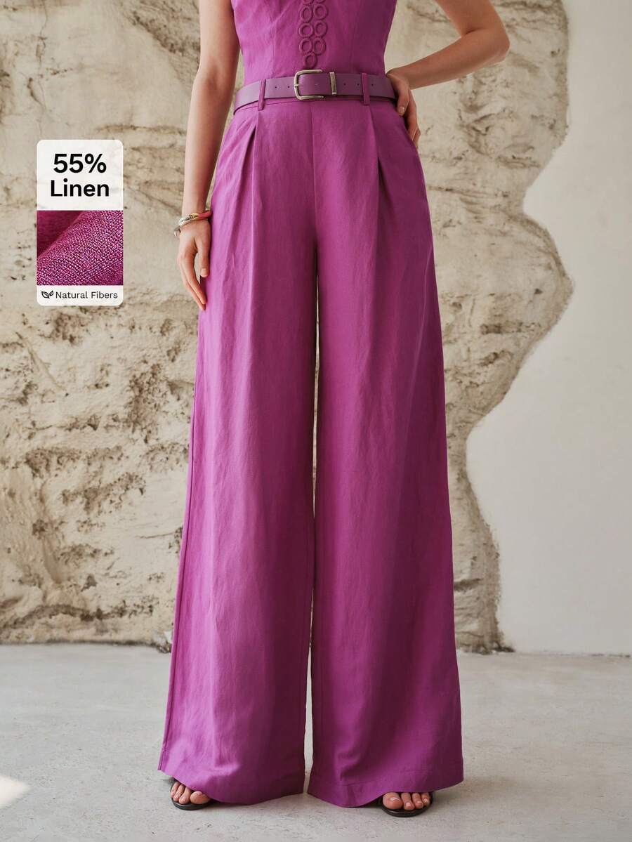 MOTF PREMIUM WOMEN'S LINEN LONG WIDE-LEG BELTED PANTS, SPRING/SUMMER - Hot Pink - View 1
