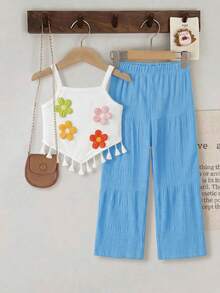SHEIN 2pcs/Set Girls' Summer Creative 3D Embroidery Decor Camisole With Asymmetrical Hem & Casual Pants Set - Blue - View 3