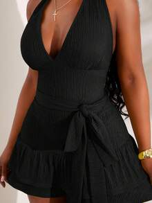 SHEIN SXY Plus Size Women Deep V-Neck Sexy Halter Jumpsuit - Black - View 3