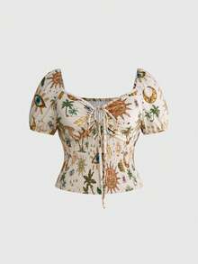 ROMWE Hippie Plus Size Women Summer Vacation Beach Coconut Tree Print Twist Puff Sleeve Top Beach Wear Vacation - Multicolor - View 5