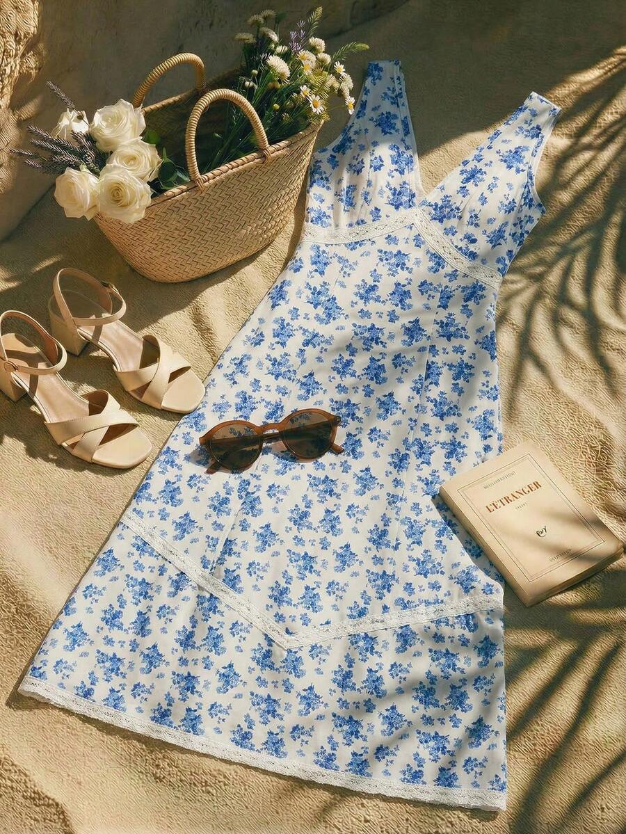 Franclia 女士夏季休闲沙滩度假极简V领无袖蝴蝶结露背镂空蕾丝拼接收腰印花长款休闲连衣裙 - 藍白色 - 查看 1