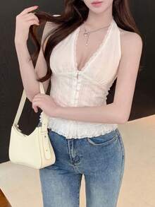 SHEIN K-Vae Blusa sin mangas con cuello en V de encaje - Blanco - Ver 3