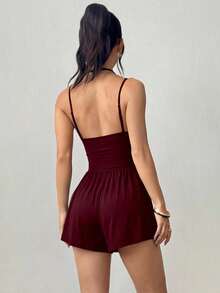 Flirla 女款休閒性感優雅百褶寬鬆直筒連身褲，春夏夜店聚會穿搭 - 酒紅色 - 查看 2