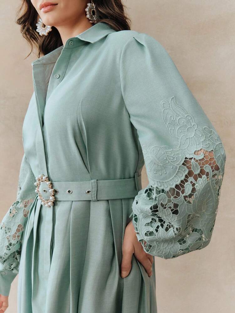 Women's Elegant Hollow Embroidered Light Green Shirt Dress, Suitable For Spring, Summer, Autumn And Winter, Vacation, Evening Party And Date