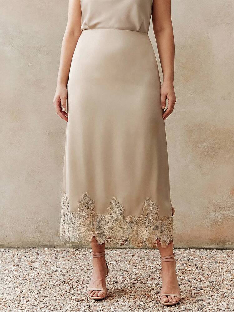 Spring & Summer Plus Size Women's Elegant Casual Lace Trim Satin Skirt, Minimalist Versatile Office Commute Skirt
