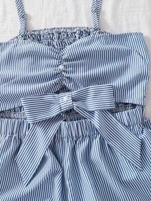 SHEIN Sparklyn Teen Girls' Romper, Elegant Casual Holiday, Spaghetti Strap Snug Fit Fitted Blue Woven Shorts, Spring/Summer, Suitable For Outdoor Holiday Wear - Blue and White - View 4