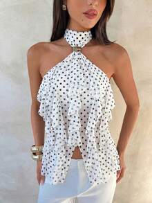 Aloruh Women's Elegant Multi-Layer Ruffle Trim Stand Collar Fitted Tank Top - Black and White - View 5