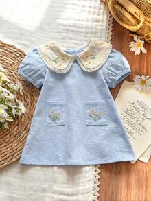 Vintaside Kids Đầm thêu hoa cho bé gái sơ sinh, phong cách đồng quê thanh lịch, đa năng, dễ thương, thích hợp cho mùa xuân/hè, chất liệu mềm mại. - Màu xanh lam - Xem 3