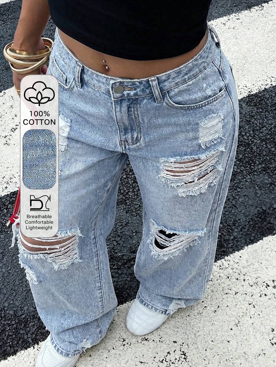 SHEIN Teen GirlBlue Distressed Loose Fit Jeans - Light Wash - View 1