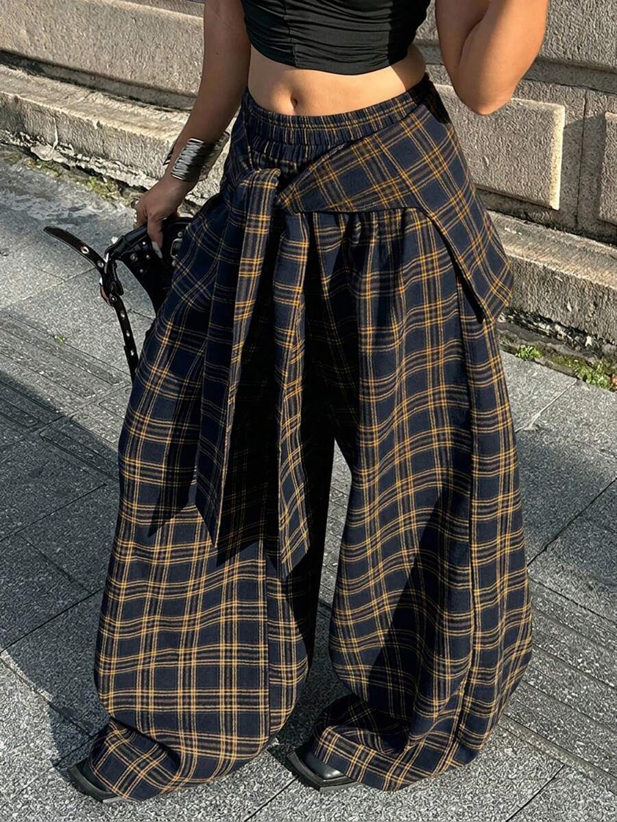 Coolane 男女款大尺碼秋冬學院風 Grunge Goth 街頭風 Y2K 休閒寬鬆寬腿彈力腰帶海軍藍格紋棉質長褲 - 黃色 - 查看 1