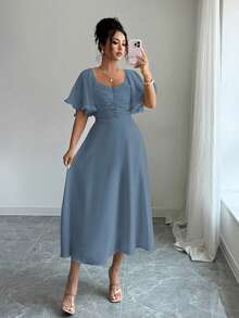 Modelyn Đầm mùa hè kiểu Pháp dành cho nữ, màu vàng bơ trơn, chất liệu chiffon, thiết kế tay bồng. - Xám Xanh - Xem 5