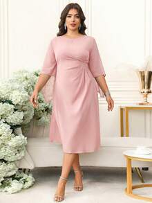 Reflora Plus Size Women Solid Color Round Neck Ruched Fashionable Date Dress - Pink - View 6