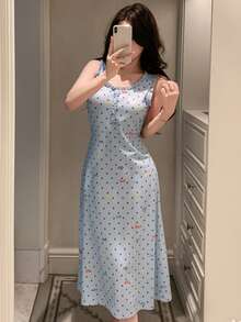 DAZY Sweet Polka Dot Bow Tie Print Ruched Flounce Decor Sleeveless Cinched Waist Dress, Summer Sleepwear For Women - Baby Blue - View 6
