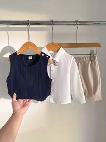 SHEIN 男婴三件套：纯色长袖衬衫、条纹背心和纯色抽绳短裤，高贵优雅，适合派对、春秋季穿着。 - 藏蓝色 - 查看 4