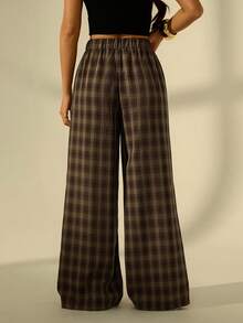 SHEIN PETITE Quần nữ màu nâu kẻ caro dáng rộng, tối giản, phong cách thường ngày. - Nhiều màu - Xem 2