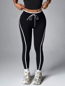 With My Calm Quần legging thể thao yoga không đường may/Sọc tương phản bên hông/Kiểu dáng ôm sát/Yoga thể dục/Thể thao ngoài trời/Chạy bộ/Đạp xe/ - màu đen - Xem 4