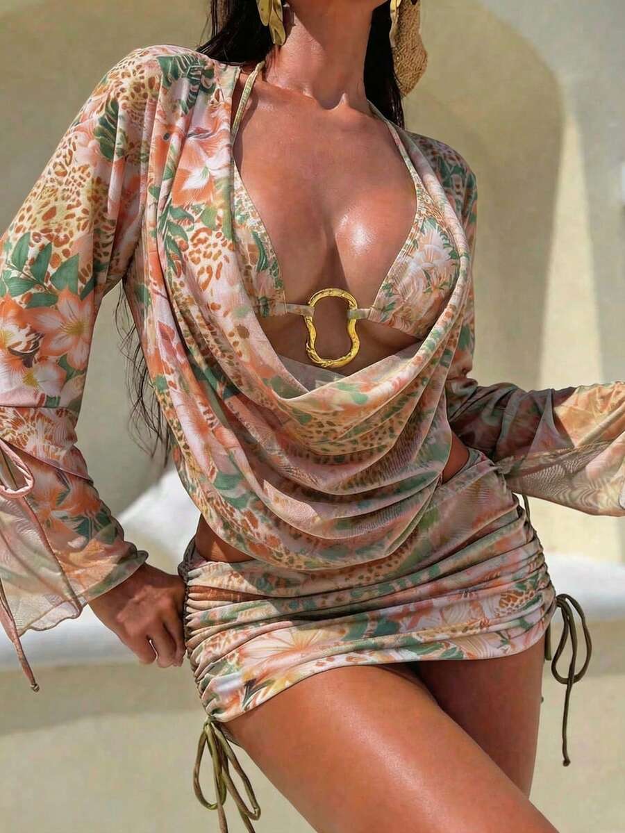 Swim SXY Nuevo conjunto de baño de 4 piezas para mujer, elegante y bohemio, con estilo Y2K y sexy, con estampado tropical y de leopardo. Incluye: top de bikini con escote halter y detalle de argolla dorada, cubierta de manga larga con cuello cowl de malla transpirable, falda mini fruncida con cordón y Bottom de bikini tipo cheeky. Ajuste estilizador, con vibra bohemia y de playa. Perfecto para vacaciones de verano, resort, fiestas en la piscina, festivales de música, bodas, vacaciones de primavera y escapadas tropicales. - Multicolor - Ver 1