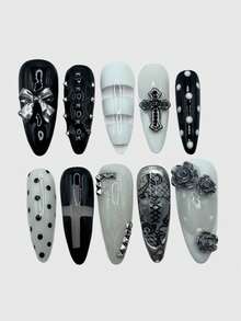 ROMWE Kawaii 10片装千禧辣妹朋克风十字架复古调味字母印花复古波点蝴蝶结波普艺术黑色系列手工假指甲贴片，适合大学、购物、夜店等场合。 - 未來銀 - 查看 2