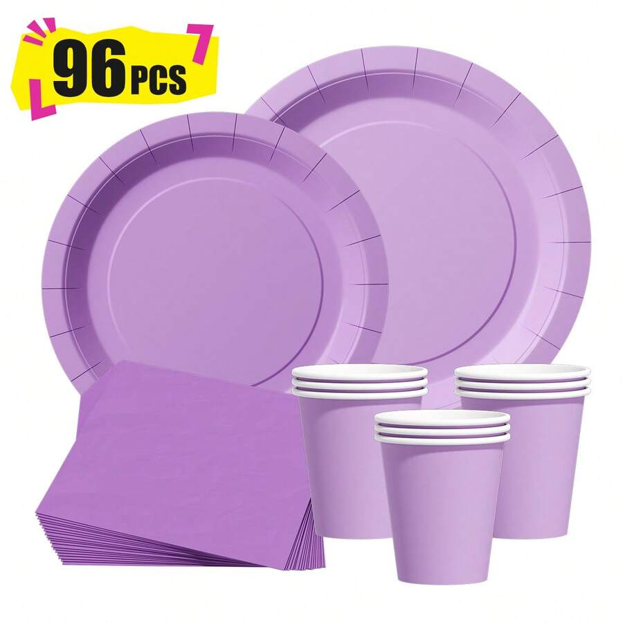 Bộ đồ dùng tiệc tùng gồm đĩa, khăn ăn và cốc dùng một lần màu tím, phục vụ 24 người, thích hợp cho sinh nhật, đám cưới, tiệc theo chủ đề, dã ngoại gia đình. - Xem 1